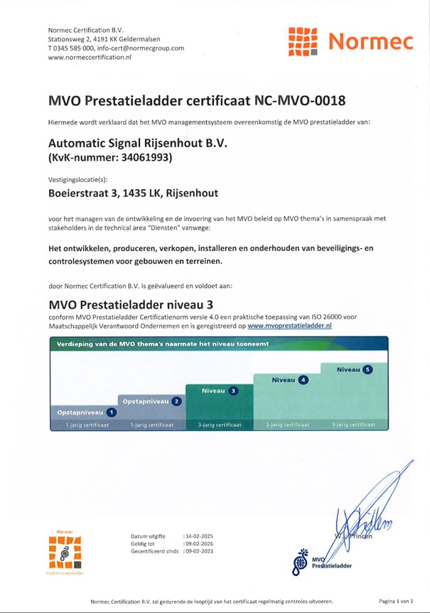Certificaat MVO-Prestatieladder trede 3 (versie 4.0)